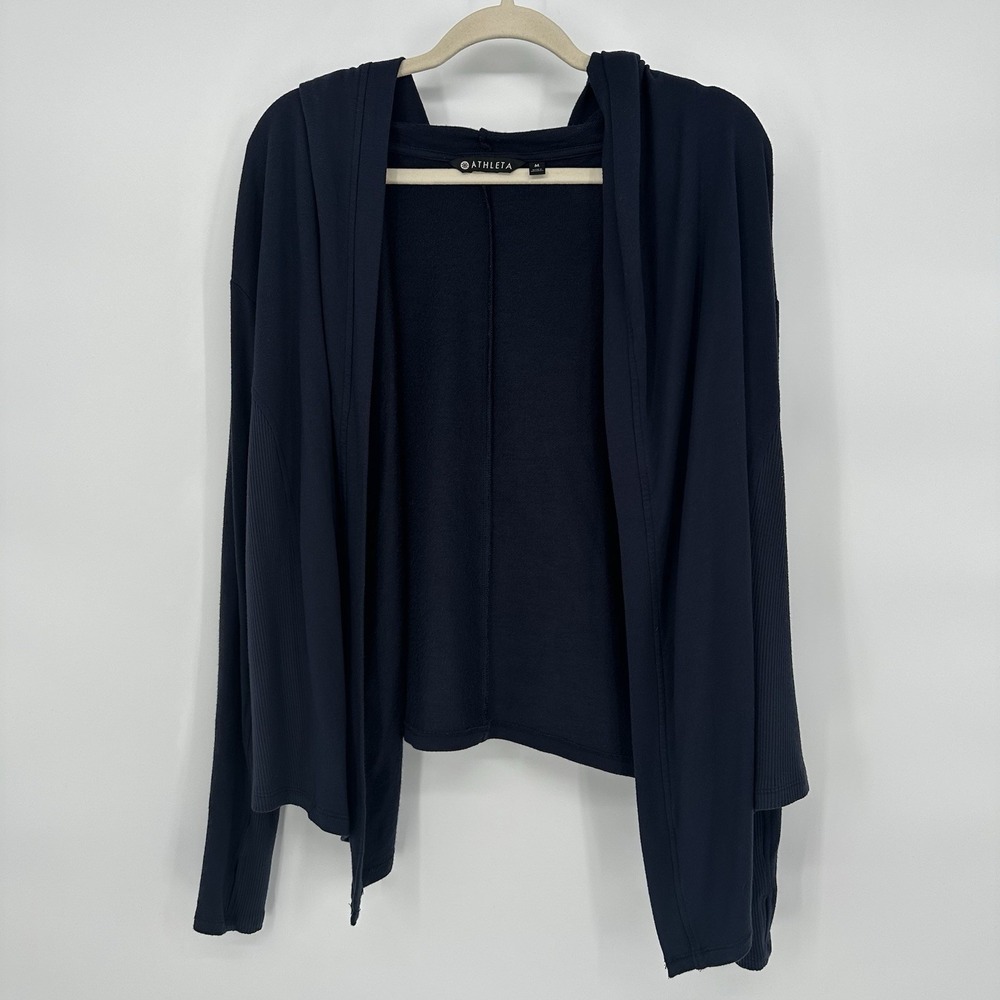 Athleta Sz M Navy Hooded Open Front Cardigan Stretch Lightweight Cozy Athleisure